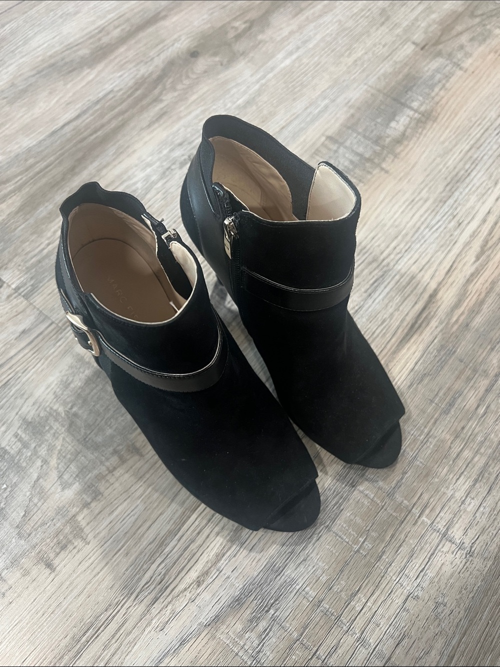 Marc Fisher Black Open-Toe Ankle Booties with Buckle Detail